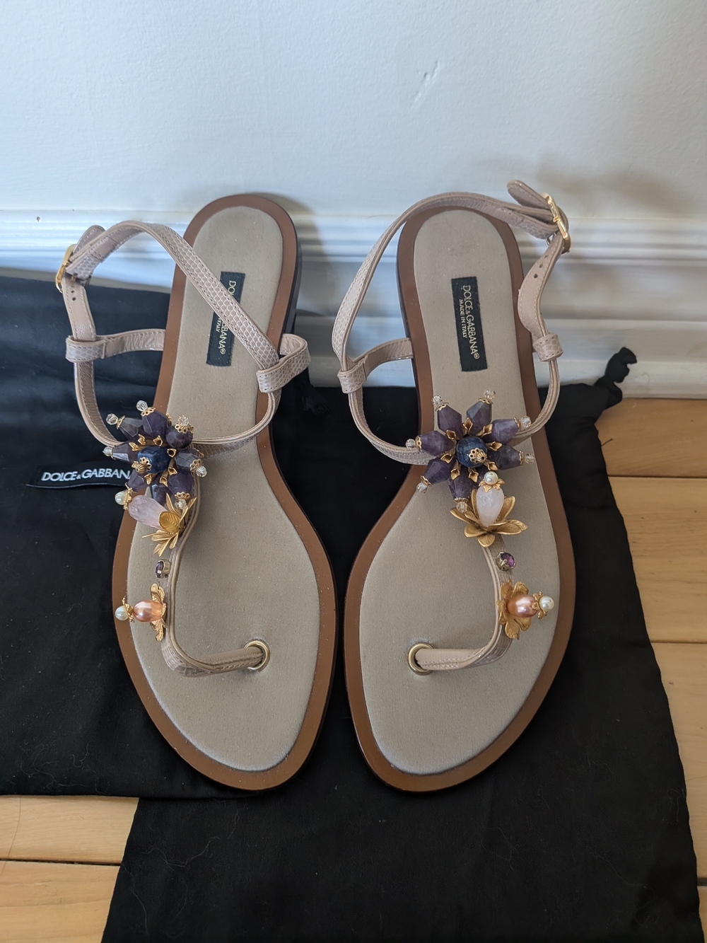 Dolce & Gabbana Italian Leather T-Strap Sandals Made In Italy